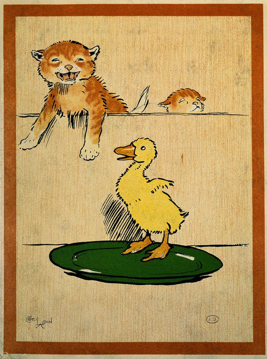 Katter og and. Tegning av Cecil Aldin (1870-1935). Paris, dekorativ kunst av Cecil Charles Windsor Aldin