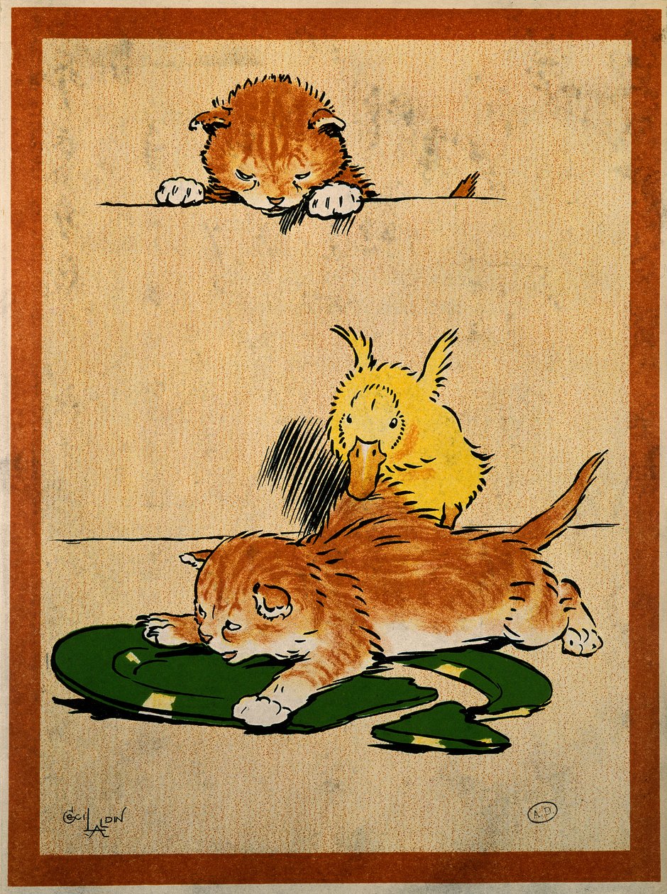 Katter og and. Tegning av Cecil Aldin (1870-1935). Paris, dekorativ kunst av Cecil Charles Windsor Aldin