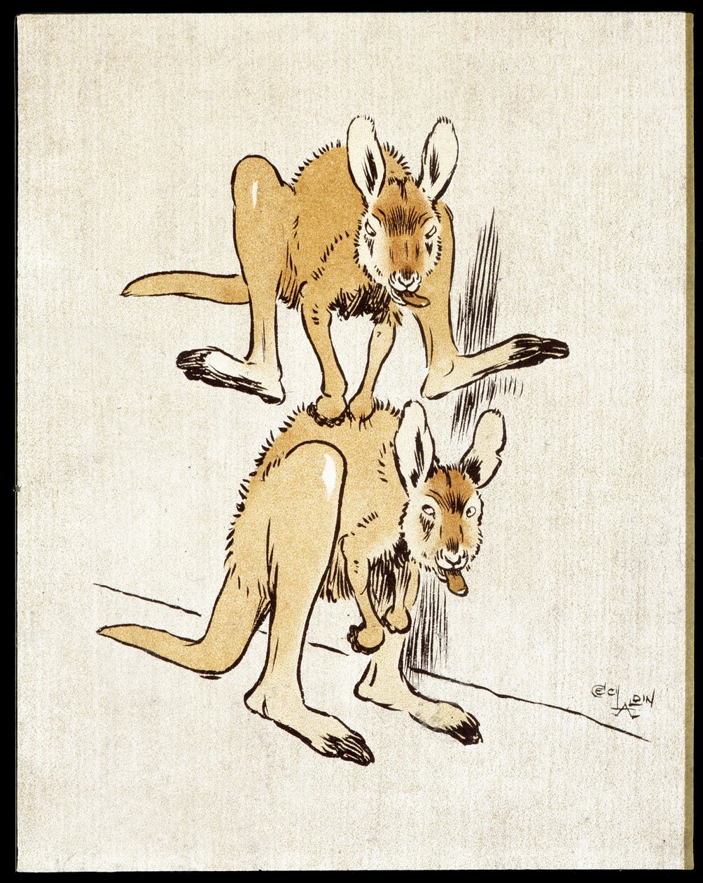 Komiske kenguruer. To kenguruer spiller et sauehopp. av Cecil Charles Windsor Aldin
