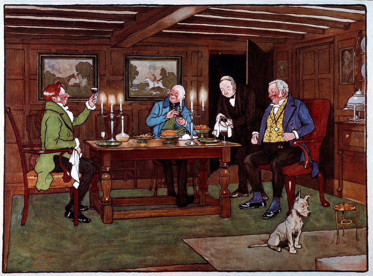 Kjennere Drikkere nyter et glass portvin. Akvarell av Cecil Aldin (1870-1935) Privatsamling fra 1800-tallet av Cecil Charles Windsor Aldin