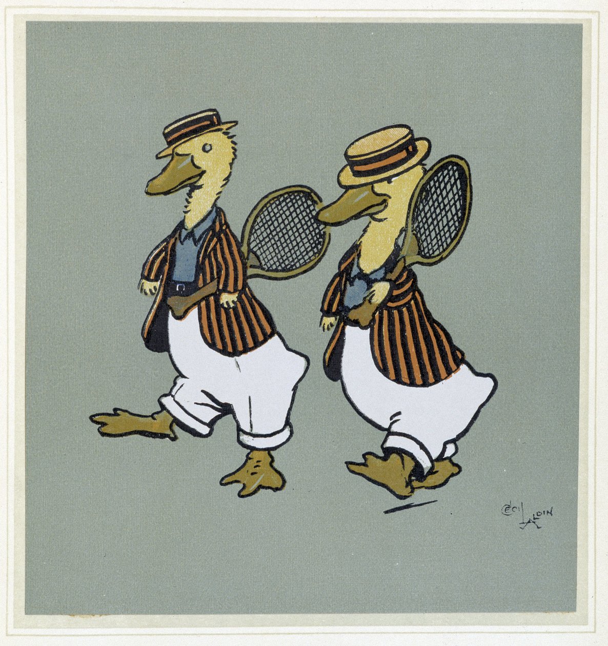 Deux ducks en suit de tennis - i ""Merry Party"", ill. av Cécil Aldin, red. Hodder & Stoughton, London av Cecil Charles Windsor Aldin