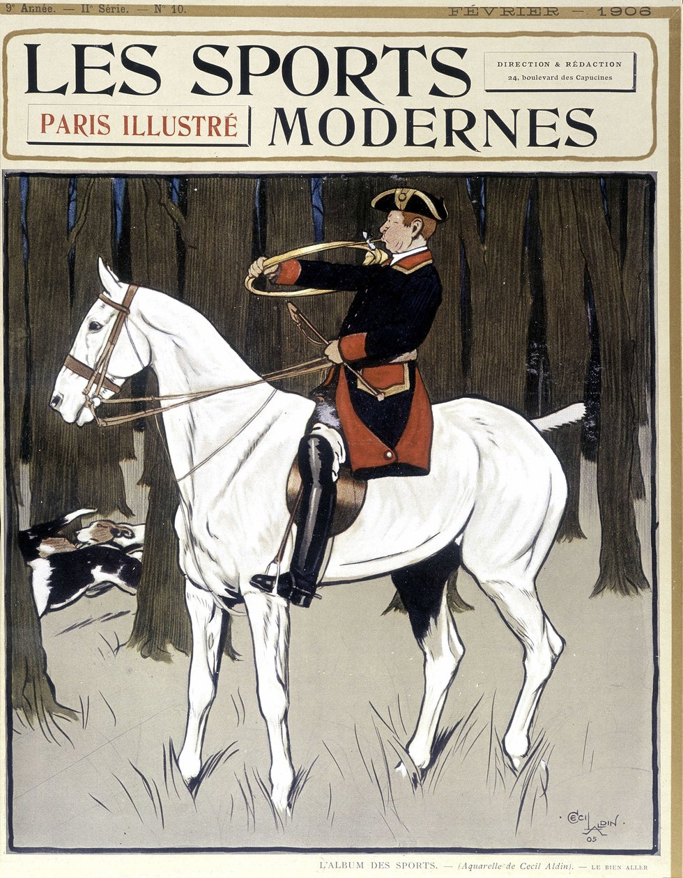Jakt (en mann på hesteryggen oppmuntrer hunder) Forside "" Modern Sports"" 02/1906 av Cecil Charles Windsor Aldin