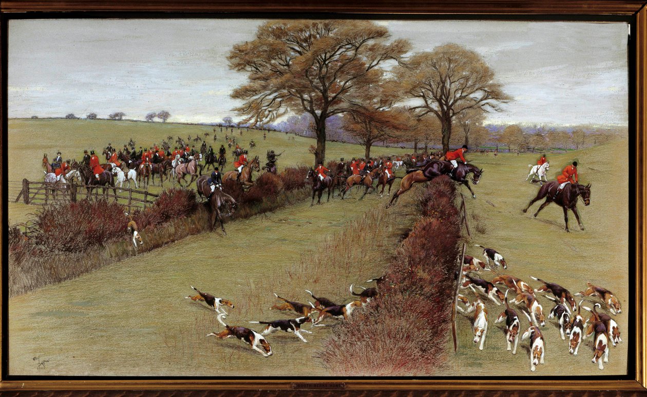 Jaktscene, mannskap South Berks Akvarell av Cecil Aldin (1870-1935) Privatsamling fra 1800-tallet - Jaktscene, South Berks