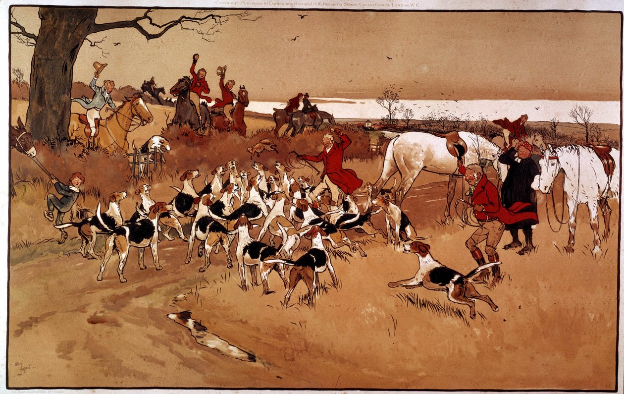 Jakt scene løp; skyting. Gravering av Cecil Aldin (1870 -?), england. Coll. Del av Cecil Charles Windsor Aldin