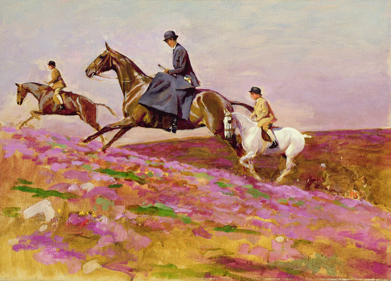 Lady Currie med sønnene Bill og Hamish Hunting på Exmoor (olje på lerret) av Cecil Charles Windsor Aldin
