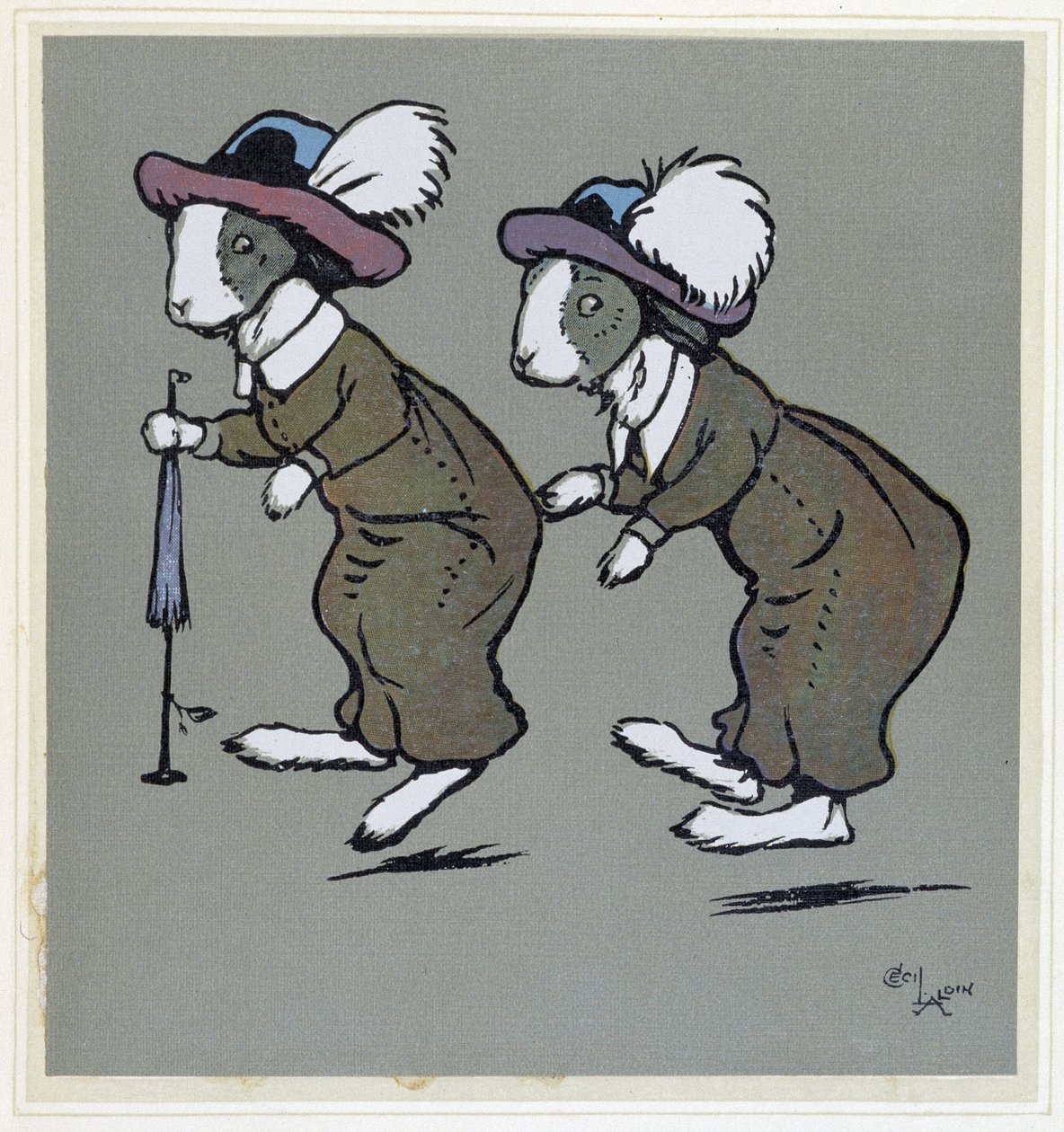 Kaniner med hatter - i "" Merry Party"", ill. av Cécil Aldin, red. Hodder & Stoughton, London av Cecil Charles Windsor Aldin