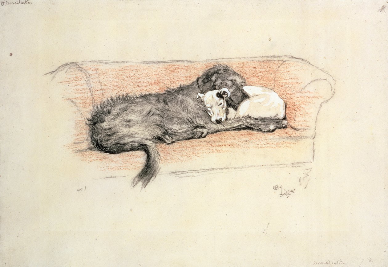 Forsoning; Ulvehund og Bull Terrier sover i en sofa (pastell på papir) av Cecil Charles Windsor Aldin