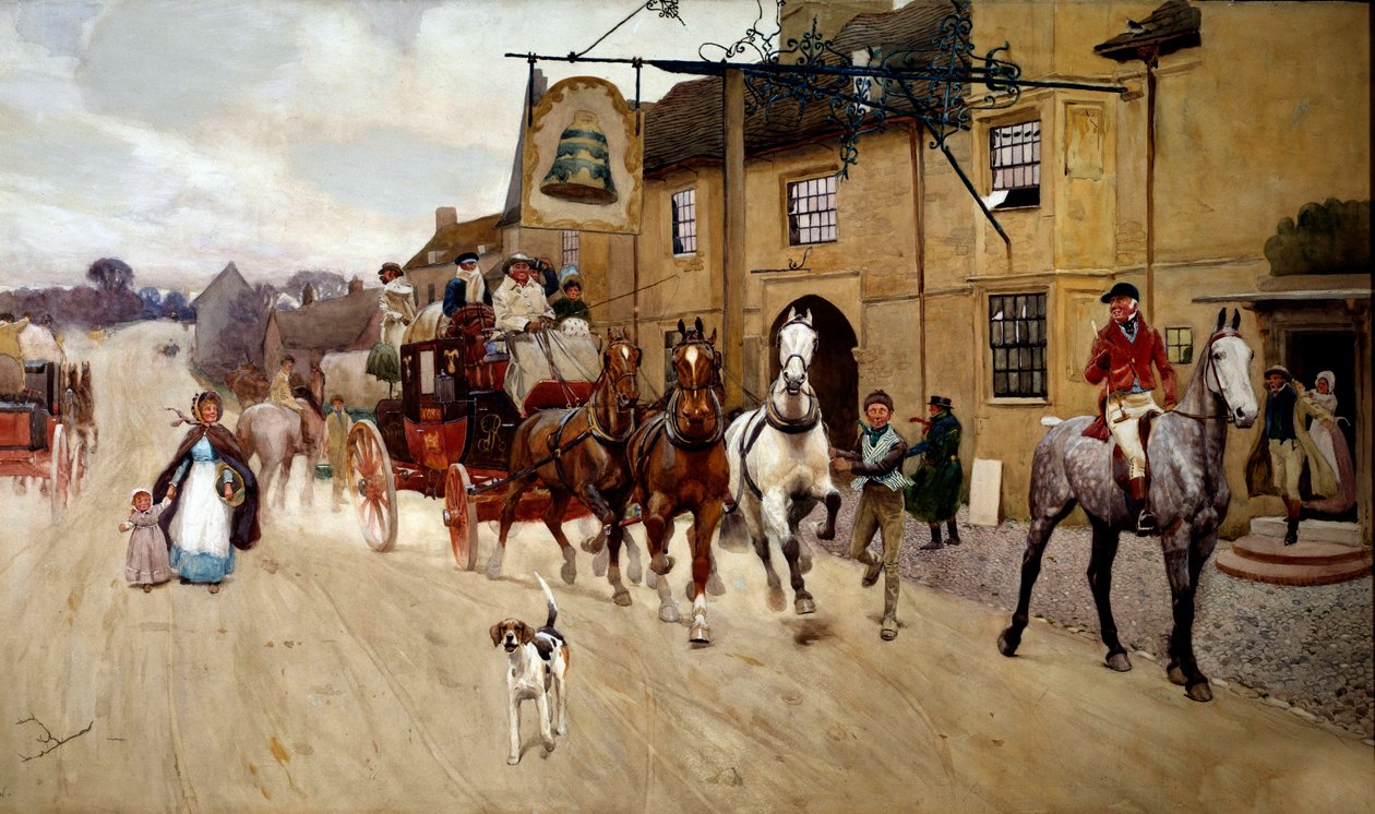 Stopp flid foran vertshuset til klokken i Stilton Watercolor av Cecil Aldin (1870-1935) Private Collection fra 1800-tallet av Cecil Charles Windsor Aldin
