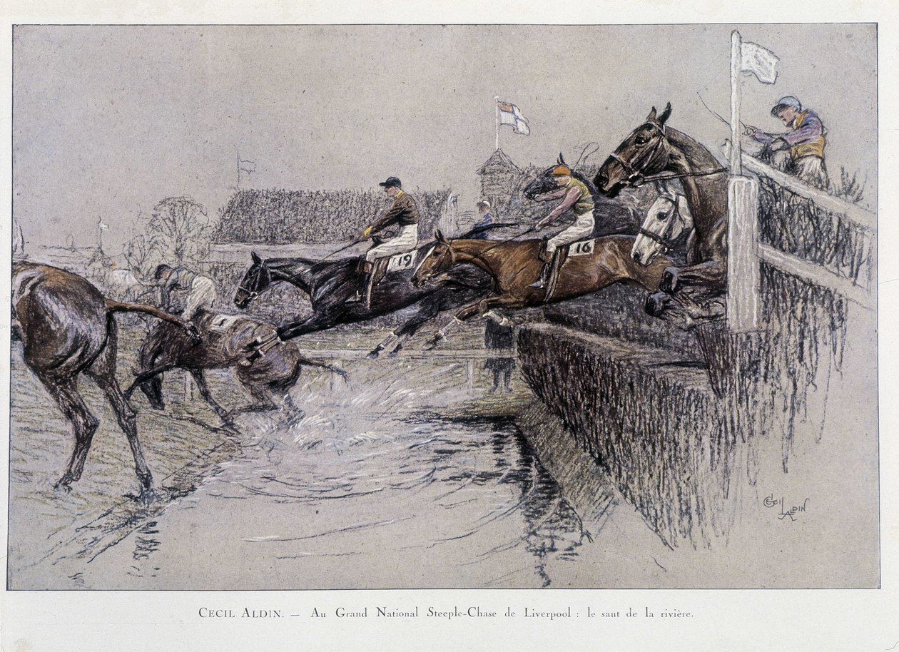 The Grand National Steeple Chase in Liverpool: The Jumping of the River - tegning av Cecil adlin av Cecil Charles Windsor Aldin