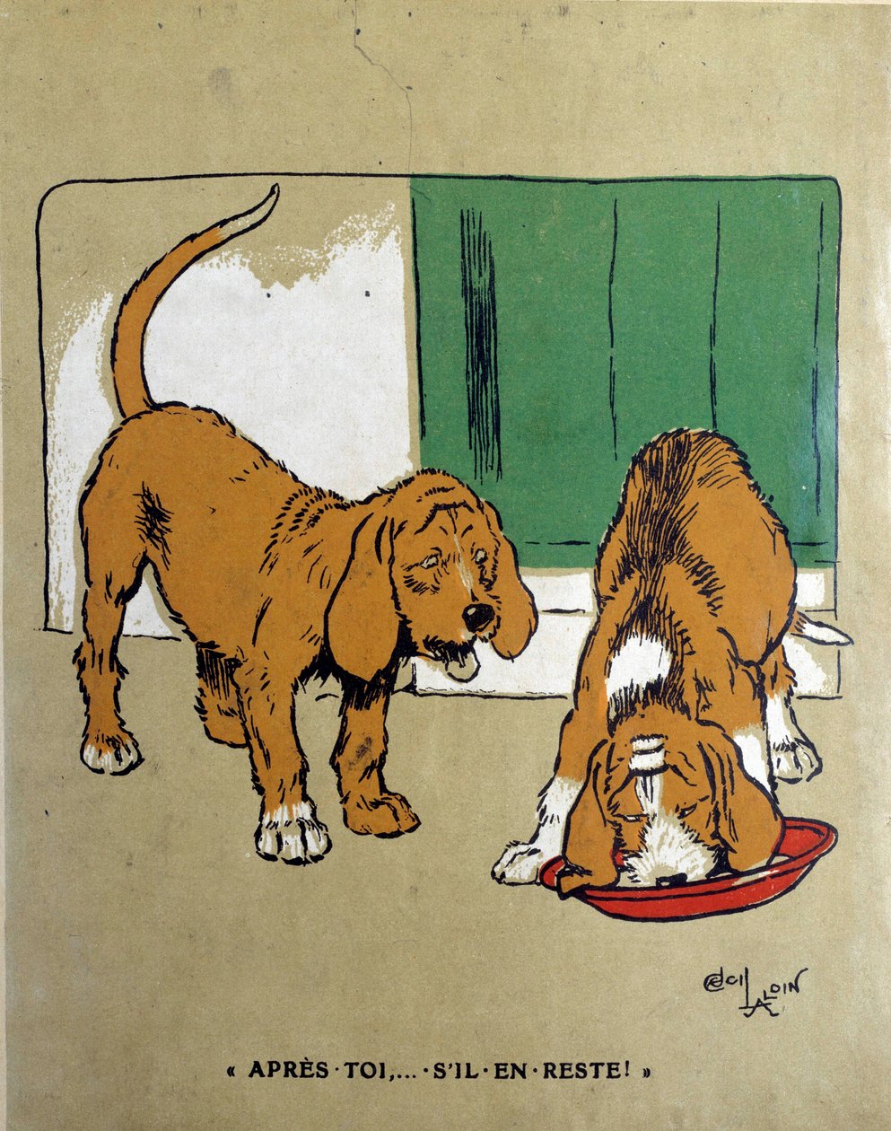 Den sterkestes lov: «Etter deg, hvis det er noen igjen...» Den ene hunden lar den andre spise og gjøre ferdig bollen. Tegning av Cecil Aldin (1870-1935) 1800-tallet. Paris, dekorativ kunst av Cecil Charles Windsor Aldin