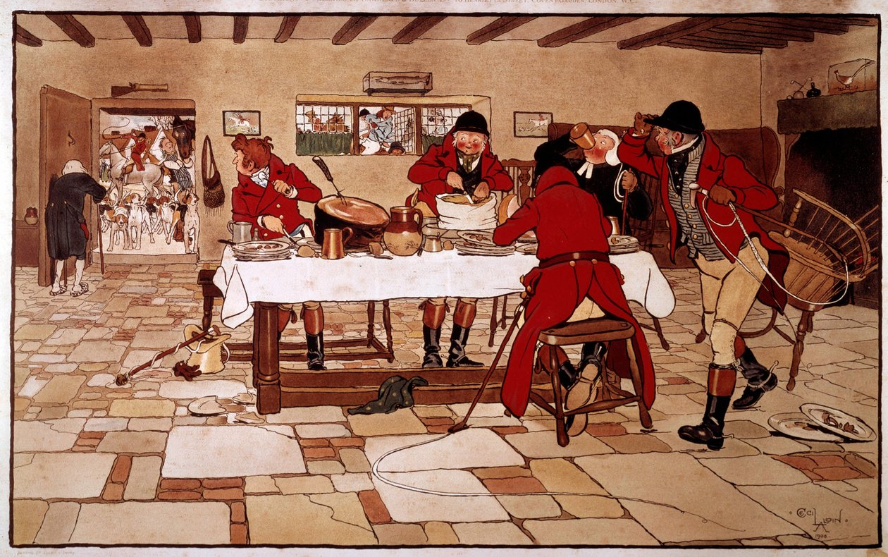 De tre duene snacks. Jegere lager mat og spiser raskt før de drar på jakt. Gravering av Cecil Aldin (1870 -? ), england. Coll. Avtale av Cecil Charles Windsor Aldin