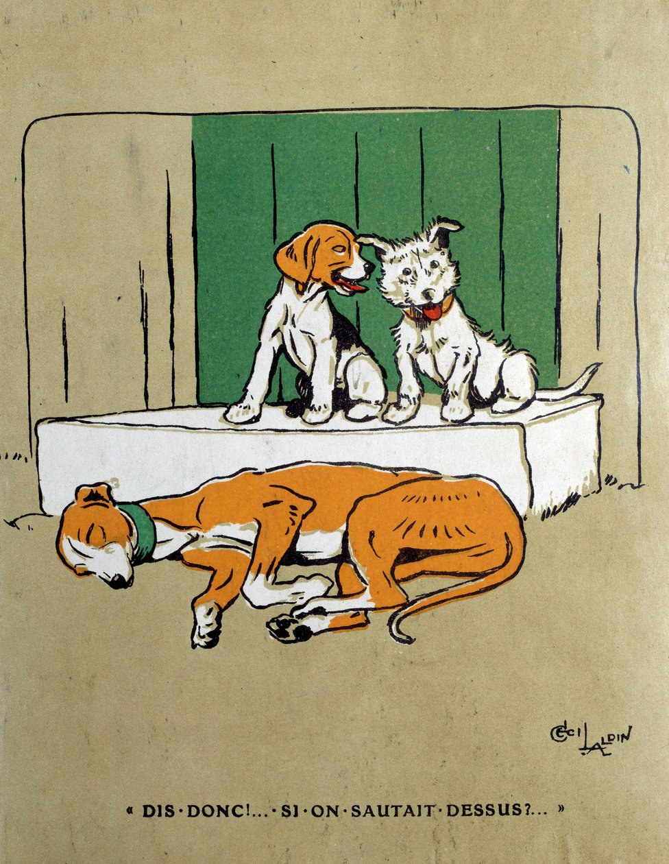 Hvorfor hopper vi ikke på to hunder som nøler med å vekke en sovende gjær? Akvarell av Cecil Aldin (1870-1935) Paris fra 1800-tallet, dekorativ kunst av Cecil Charles Windsor Aldin