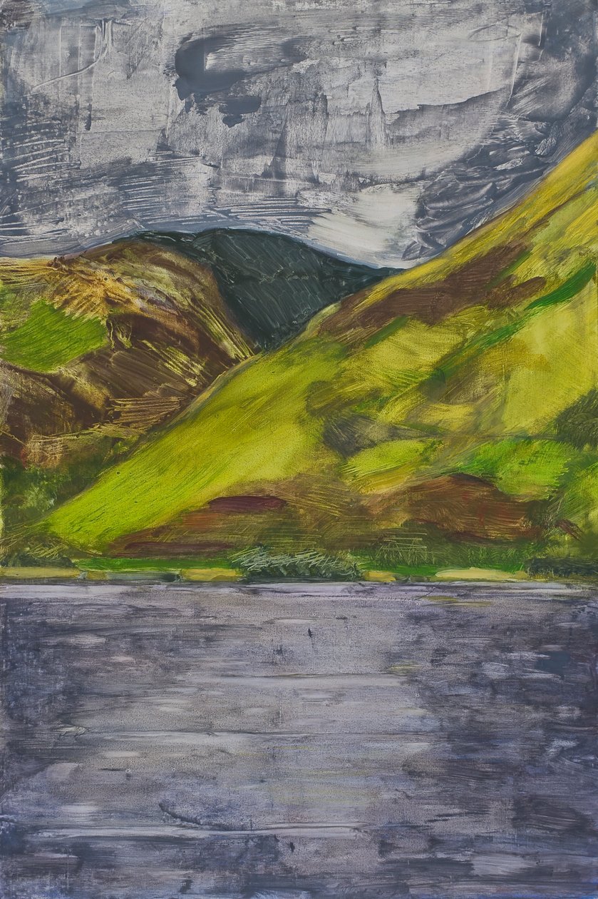 Lake Talyllyn, Wales, 2010 (Olje på panel) av Celia Montague