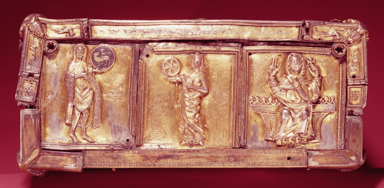 Sidepanel til Domnach Airgid bokhelligdommen, Clones, County Monaghan, 8. århundre, ombygd i ca. 1350 (barlind dekket med tinnbelagt bronse og sølvforgylt plater) av Celtic