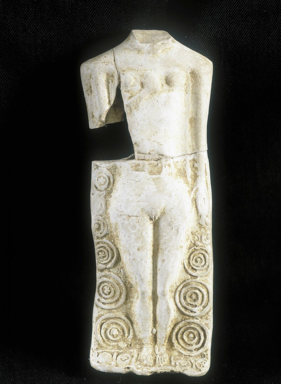 Kvinne med tre bryster. Statuett laget av den keltiske keramikeren "" Rextuguenos"" signatur og rouelles (kun kjent armorikansk keramiker), for Laraire (bedested i en romersk villa) av Celtic