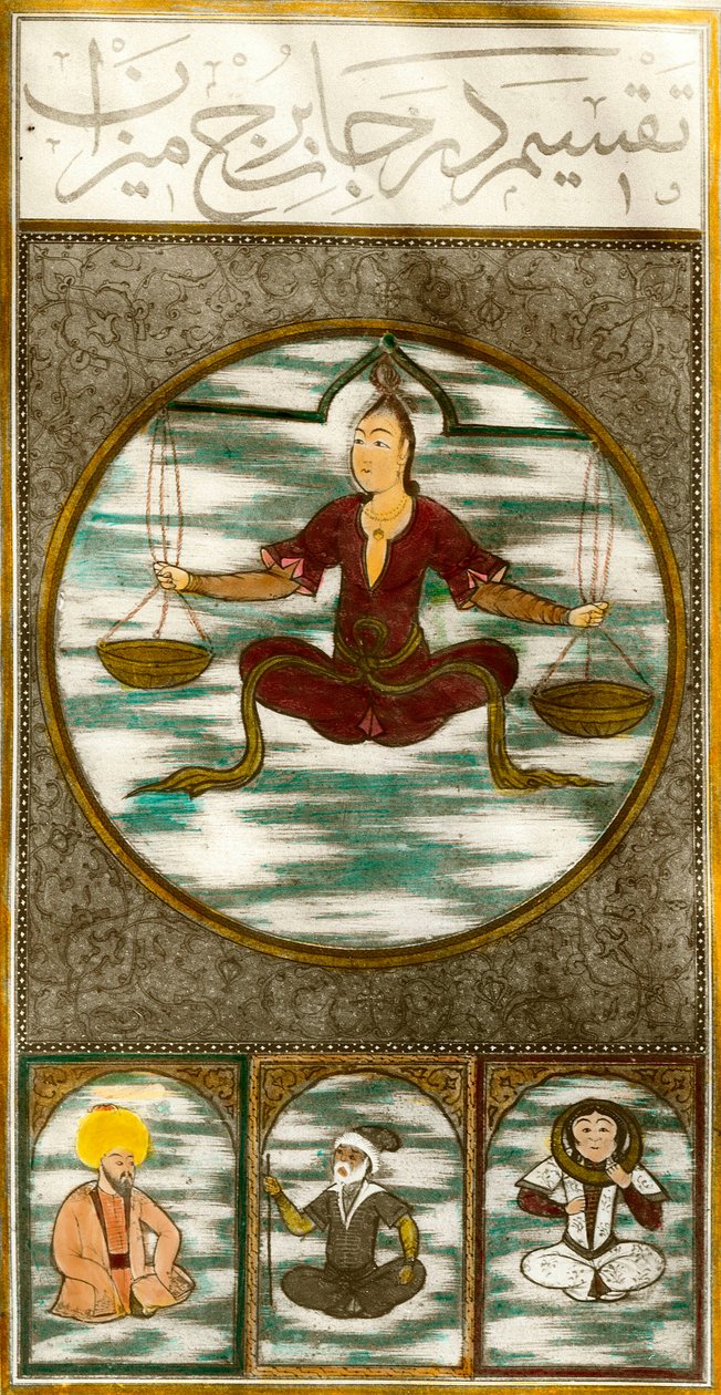Stjernetegn: representasjon av det astrologiske tegnet på balansen. Plate hentet fra et manuskript. Privat samling av Central Asian School