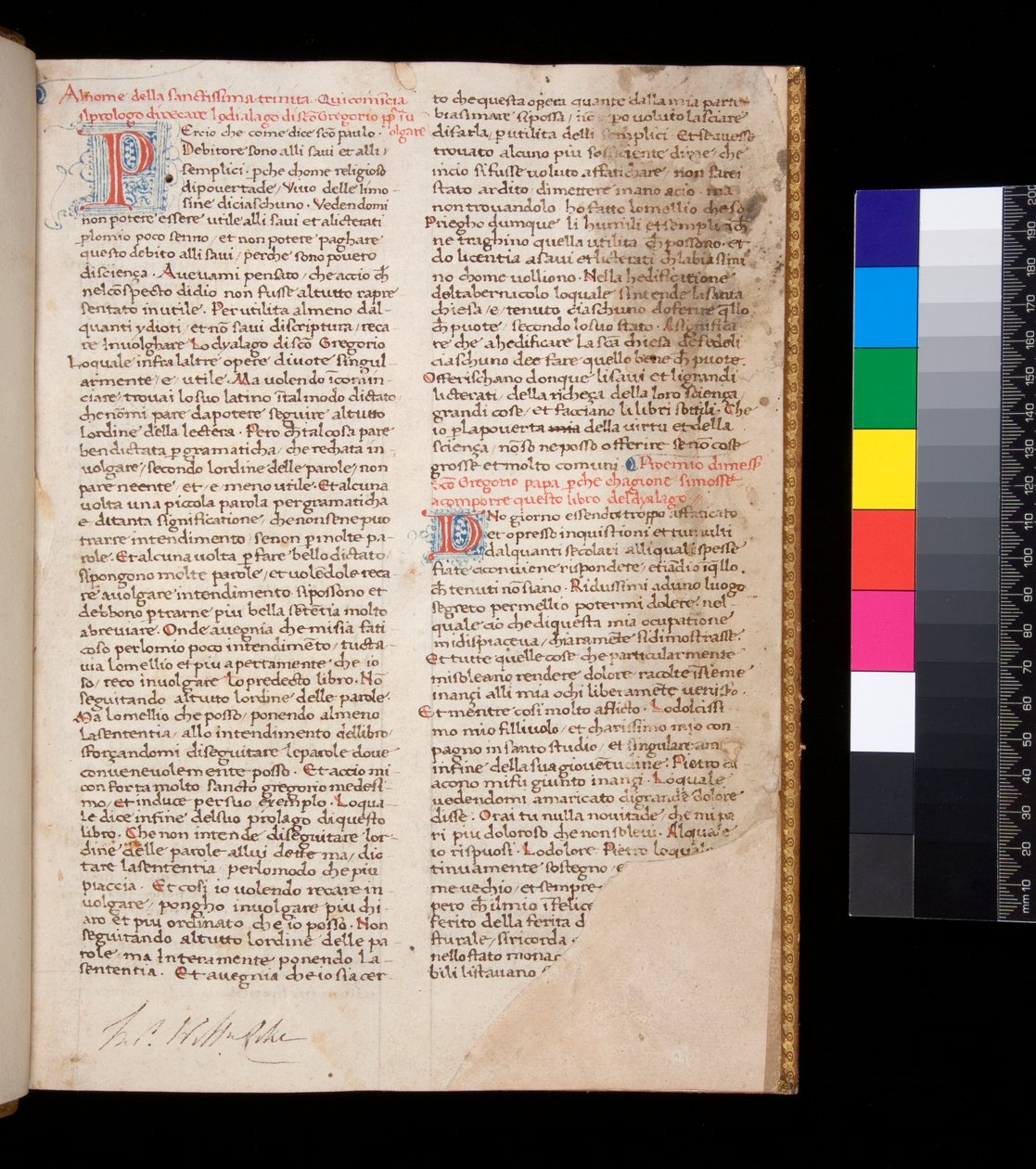 Ms 148. Gregory the Great, Dialogi på italiensk overs. av Domenico Cavalca, f.1r Dekorerte bokstaver [P] og [D] i rødt med penneverksdekor i blått av Central Italian School