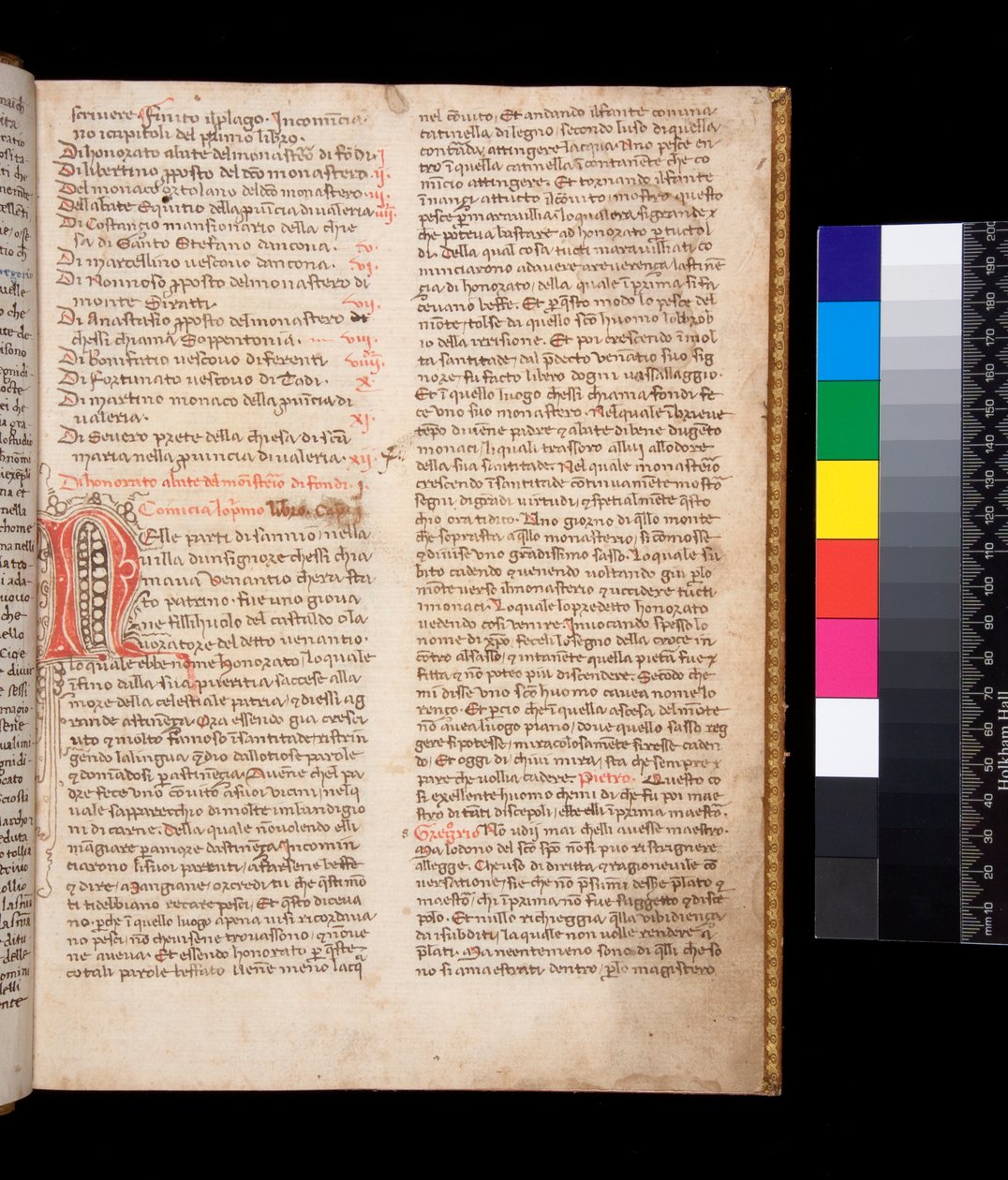 Ms 148. Gregory the Great, Dialogi på italiensk overs. av Domenico Cavalca, f.2r Dekorert bokstav [N] i rødt blekk med penn-blomstrende i brunt blekk av Central Italian School