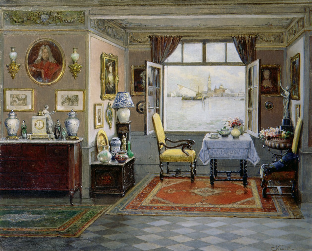 Et venetiansk hjem med utsikt over San Giorgio Maggiore fra et åpent vindu, ca. 1900 av Cesare Vianello