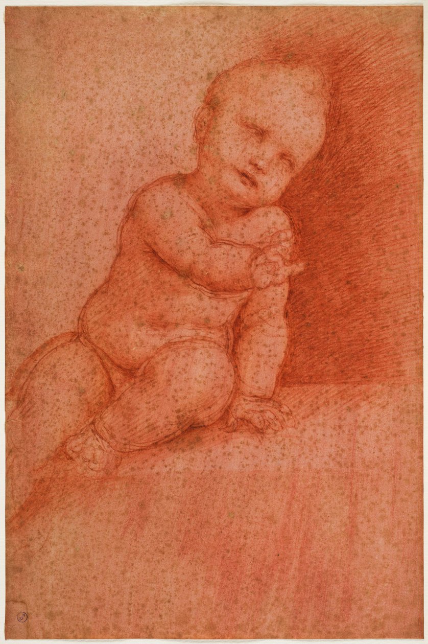 Studie av putto (Jesus the Blessing Child), tidlig på 1500-tallet (blod på rødt forberedt papir) av Cesare da Sesto