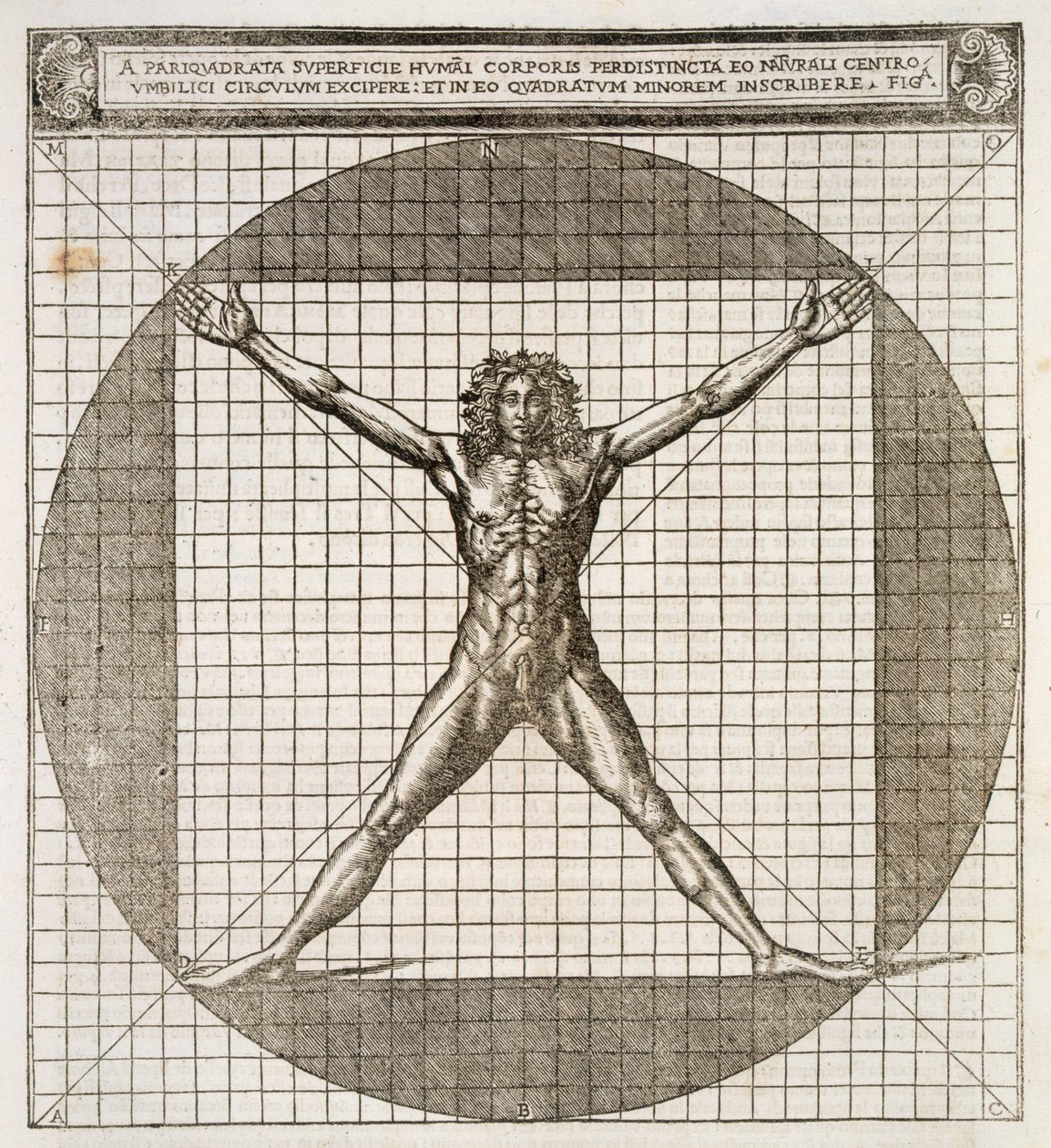 Ideelle proporsjoner avslørt å være basert på menneskekroppen, fra 'The Architecture of the Book of Dece, oversatt fra latin til latin Vulgare', av Marcus Vitruvius Pollio, oversatt av Cesare Cesariano, publis. av Cesare di Lorenzo Cesariano