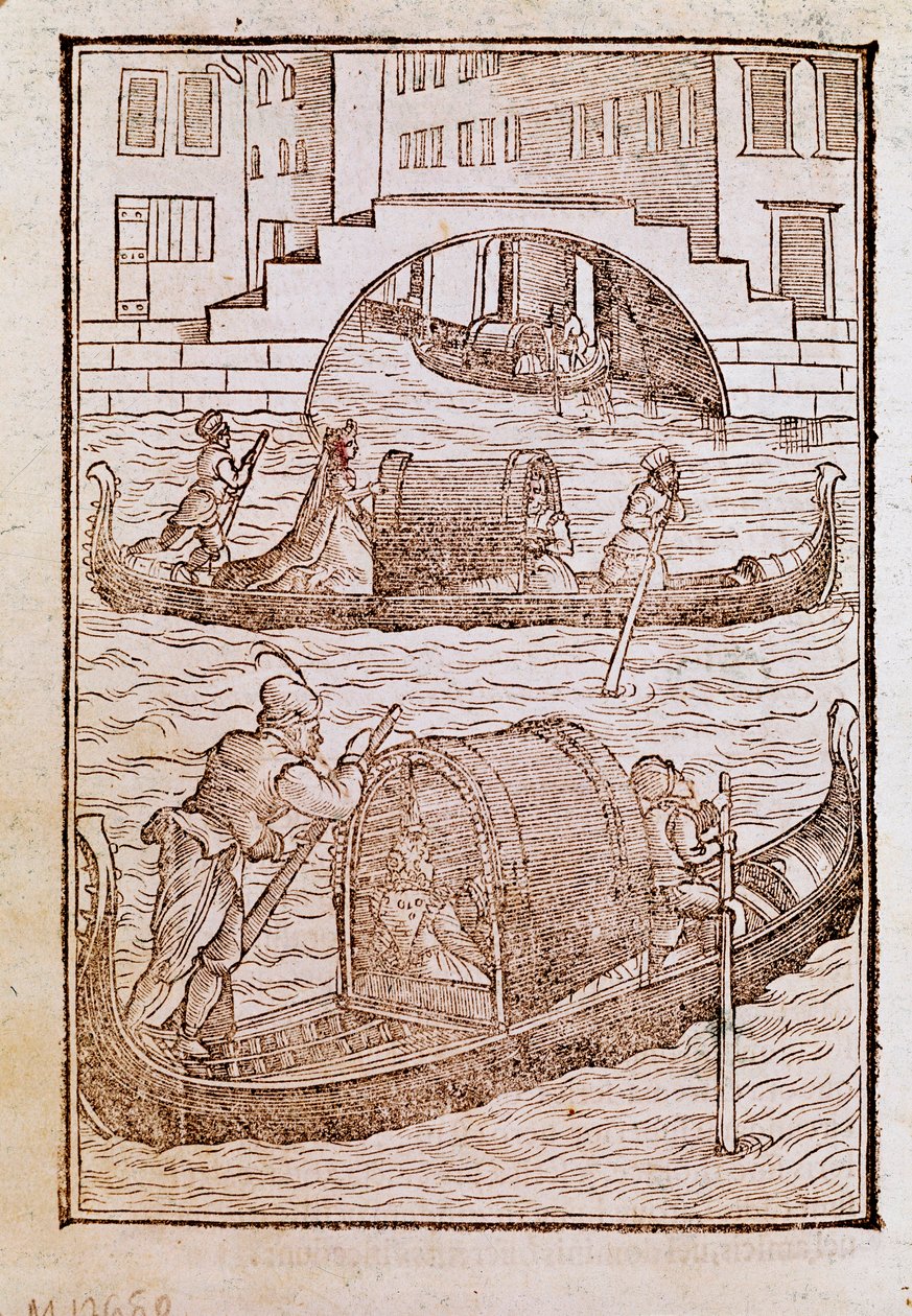 Gondoler i lagunen i Venezia på 1400-tallet Gravering fra "" Av gamle og moderne klær "" av Cesare Vecellio (1521-1601) 1590 Venezia Biblioteca Marciana av Cesare (after) Vecellio