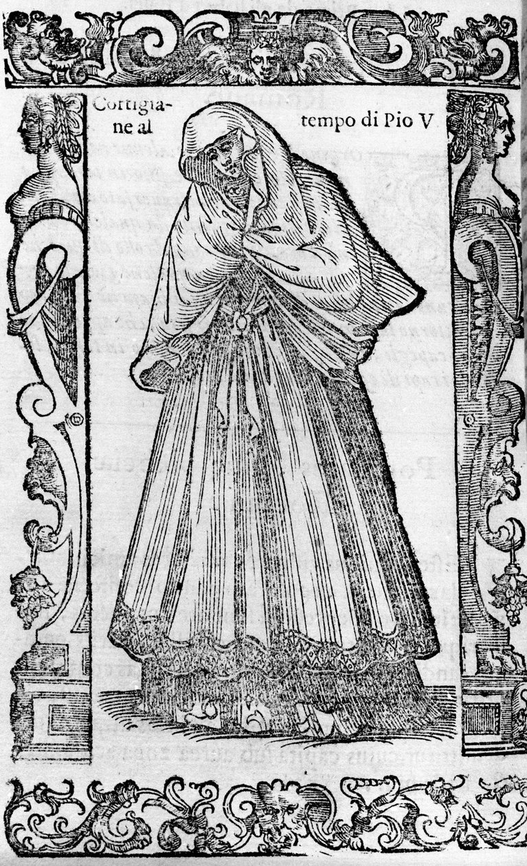 Renessanse: en kurtisane på tiden til pave Pius V (1566-1572). Gravering fra "" Moderne og eldgamle kostymer"" av Cesare Vecellio av Cesare (attr. to) Vecellio