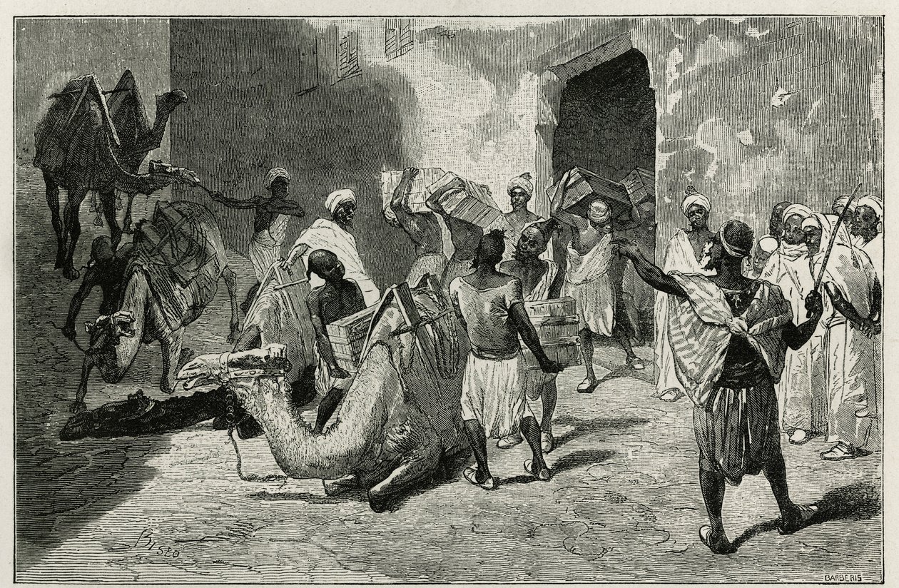 Lasting av kameler fra karavanen til forfatteren av historien, Atanger, gravering av Biseo, for å illustrere historien Le Maroc av Edmondo de Amicis, i 1875, publisert i tour du monde, under ledelse av Edouard Charton av Cesare Biseo