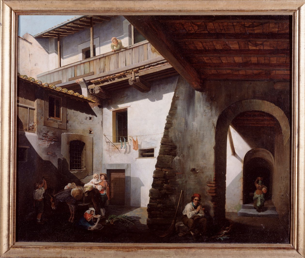 Bønder på gårdsplassen til et gjestgiveri (italienske bønder på gjestgiveriet) Maleri av Cesare Coghetti (aktiv mellom 1859 og 1881) 1863 Dim 70x85 cm Genes, Galleria d