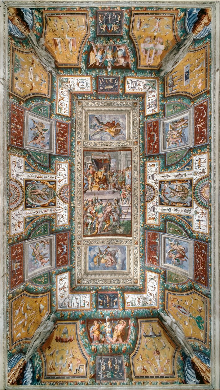 Pier Maria Rossi har æren av St. Michael-ordenen, utsikt over taket på Sala delle Gesta Rossiane, Rocca dei Rossi, San Secondo, Parma, Italia, ca. 1570 (fresco) av Cesare and Jacopo Bertoia and others Baglione