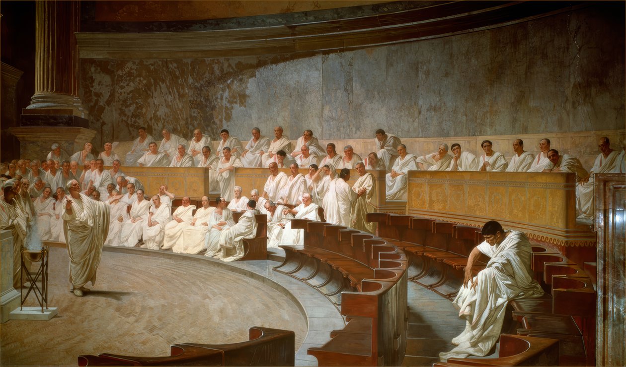 Cicero anklager Catilina for konspirasjon i senatet av Cesare Maccari
