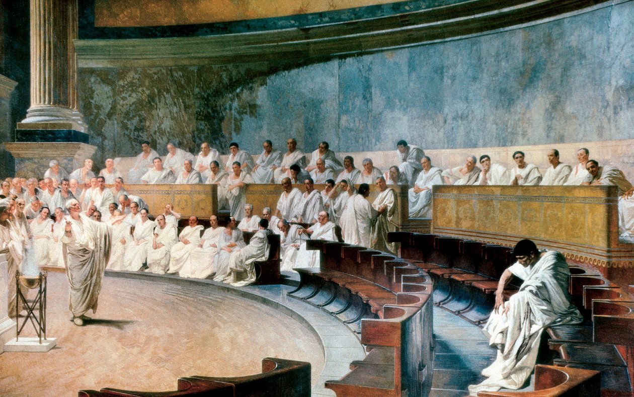 Cicero avslører Catilina den 8. november 63 f.Kr., scenen finner sted i Roma ved senatet, freskomaleri produsert mellom 1882 og 1888 av Cesare Maccari av Cesare Maccari