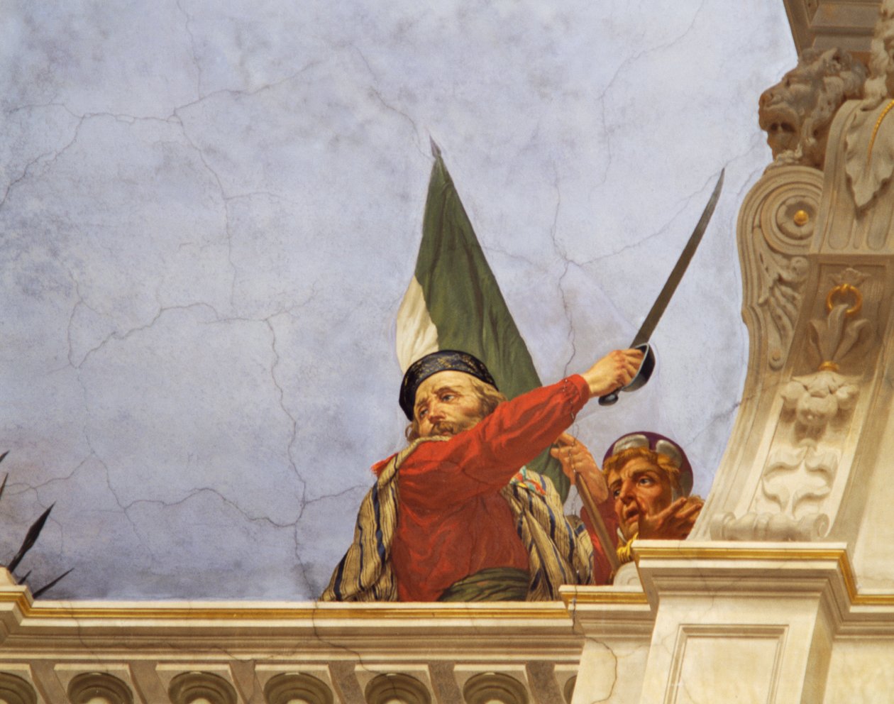 Detalj fra Allegory of Italy, freskomaleri av Cesare Mariani (1826-1901), tak, Hall of Majority, Palazzo delle Finanze (Finanspalasset), Roma. Italia av Cesare Mariani