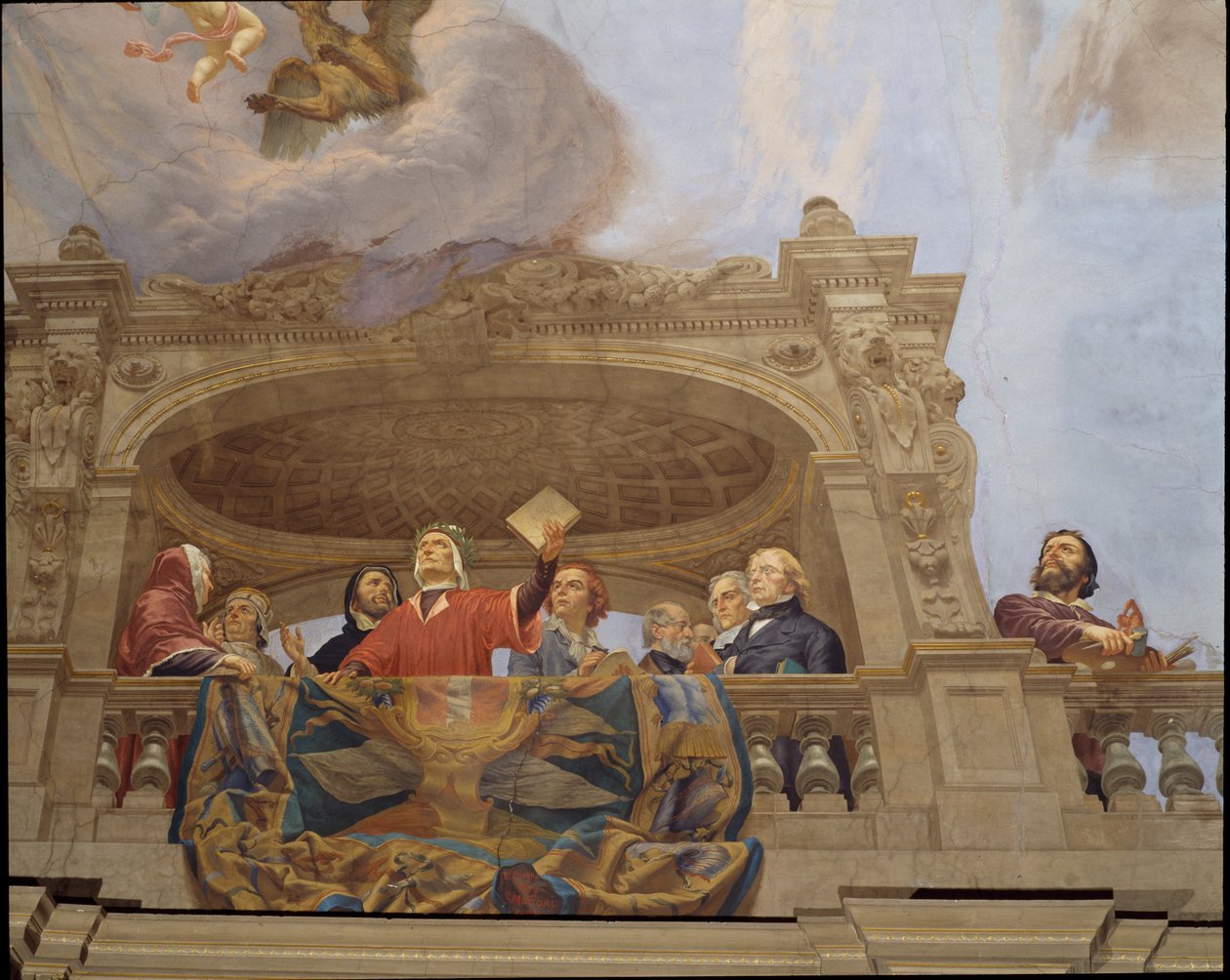 Detalj fra Allegory of Italy, freskomaleri av Cesare Mariani (1826-1901), tak, Hall of the Majority, Palazzo delle Finanze (Finanspalasset), Roma. Italia av Cesare Mariani