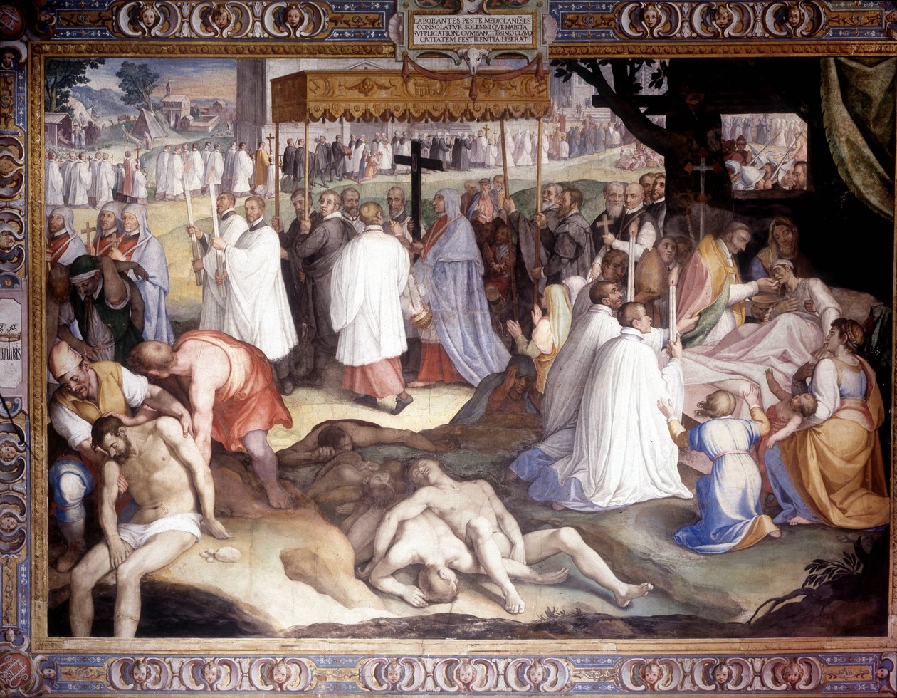 Milanos pest: Saint Charles Borromeo (San Carlo Borromeo) (1538 - 1584) kommuniserer de døende. Fresco av Carlo Nebbia ved Borromeo College i Pavia. Det 16. århundre av Cesare Nebbia