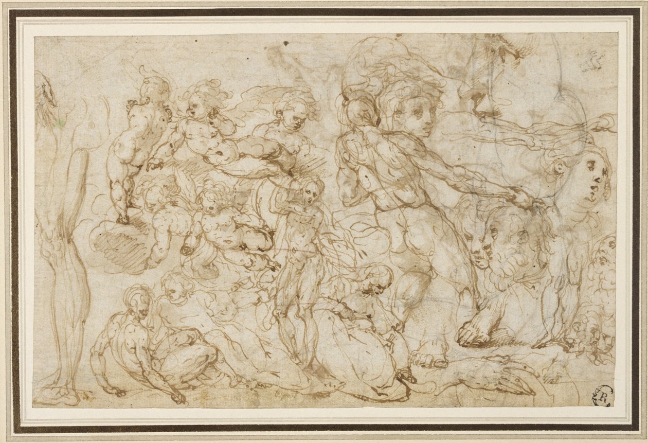Ark med figurstudier, ca. 1600 (blekk og vask, blyant, kritt på lagt papir) av Cesare Pollini