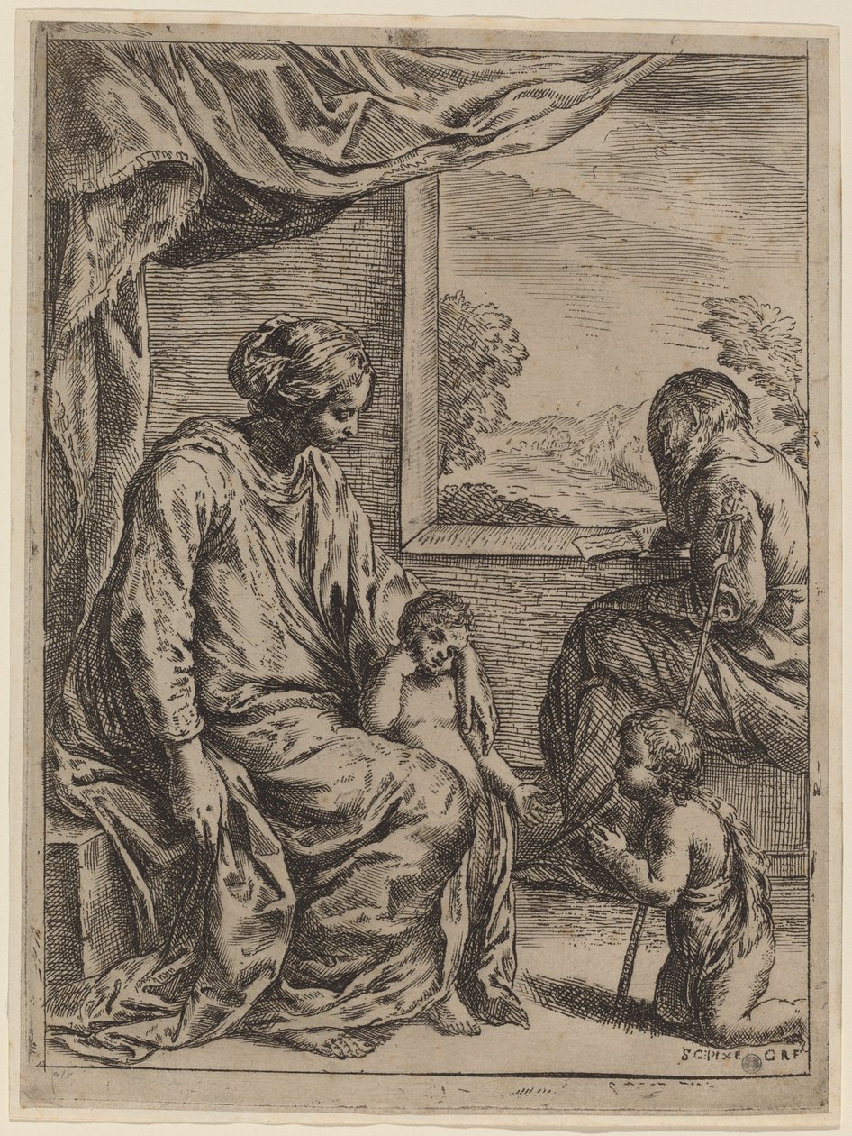 Den hellige familie med døperen Johannes av Cesare Roberti, after Simone Cantarini