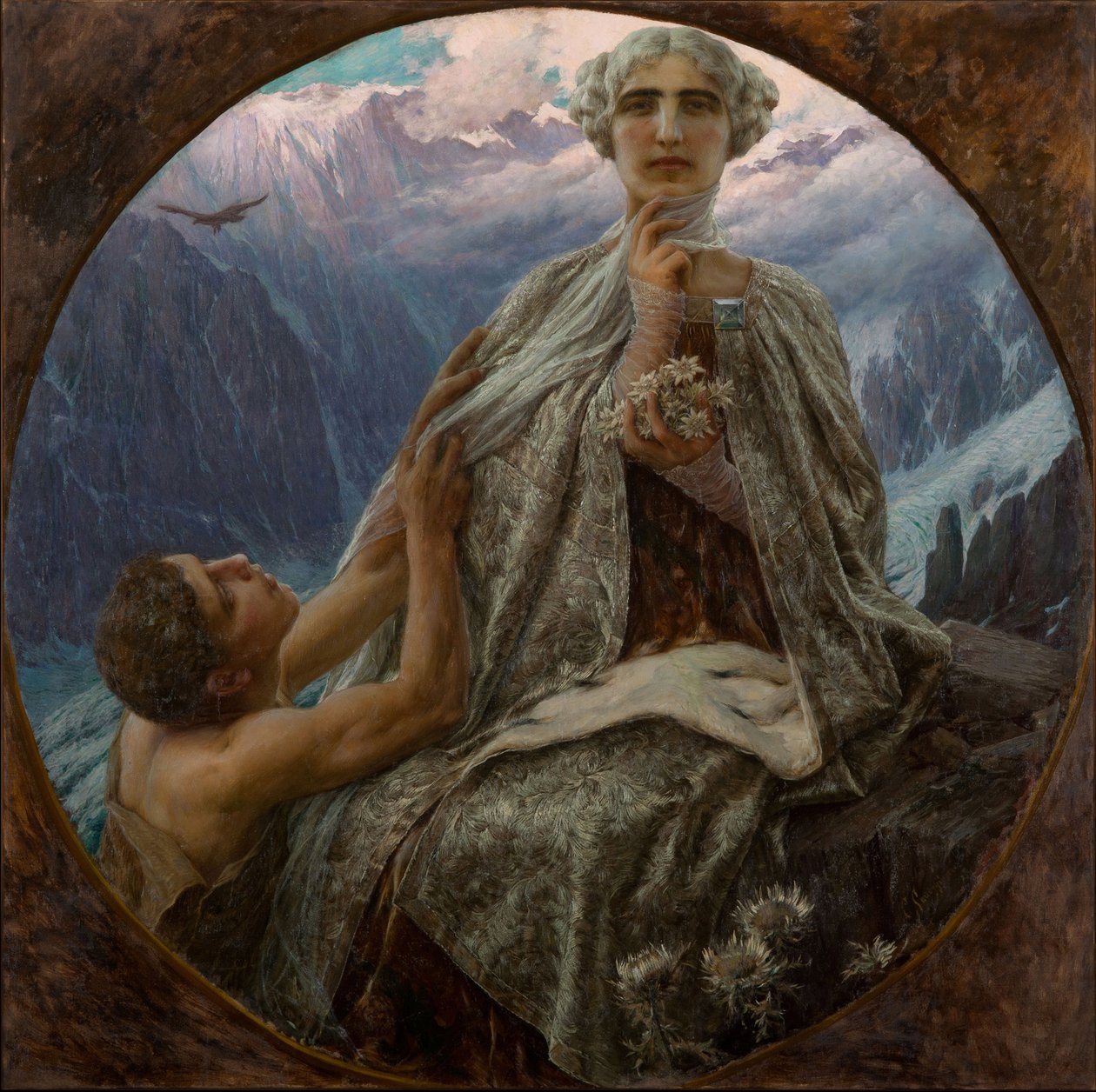 Toppen av fjellet. Isdronningen - Fjelltoppen. Isdronningen av Saccaggi, Cesare (1868-1934). Olje på lerret, størrelse: D 140 av Cesare Saccaggi