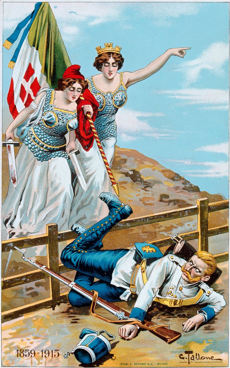 Første verdenskrig: plakat som viser en allegori om Italia og Frankrike som jager Tyskland utover grensen. Illustrasjon av Cesare Tallone (1853-1919) Privat samling av Cesare Tallone