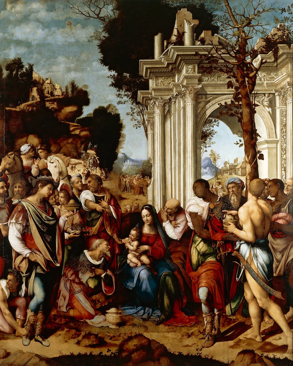 Adoration of Magi, av Cesare da Sesto (1477-1523), Olje på lerret av Cesare da Sesto