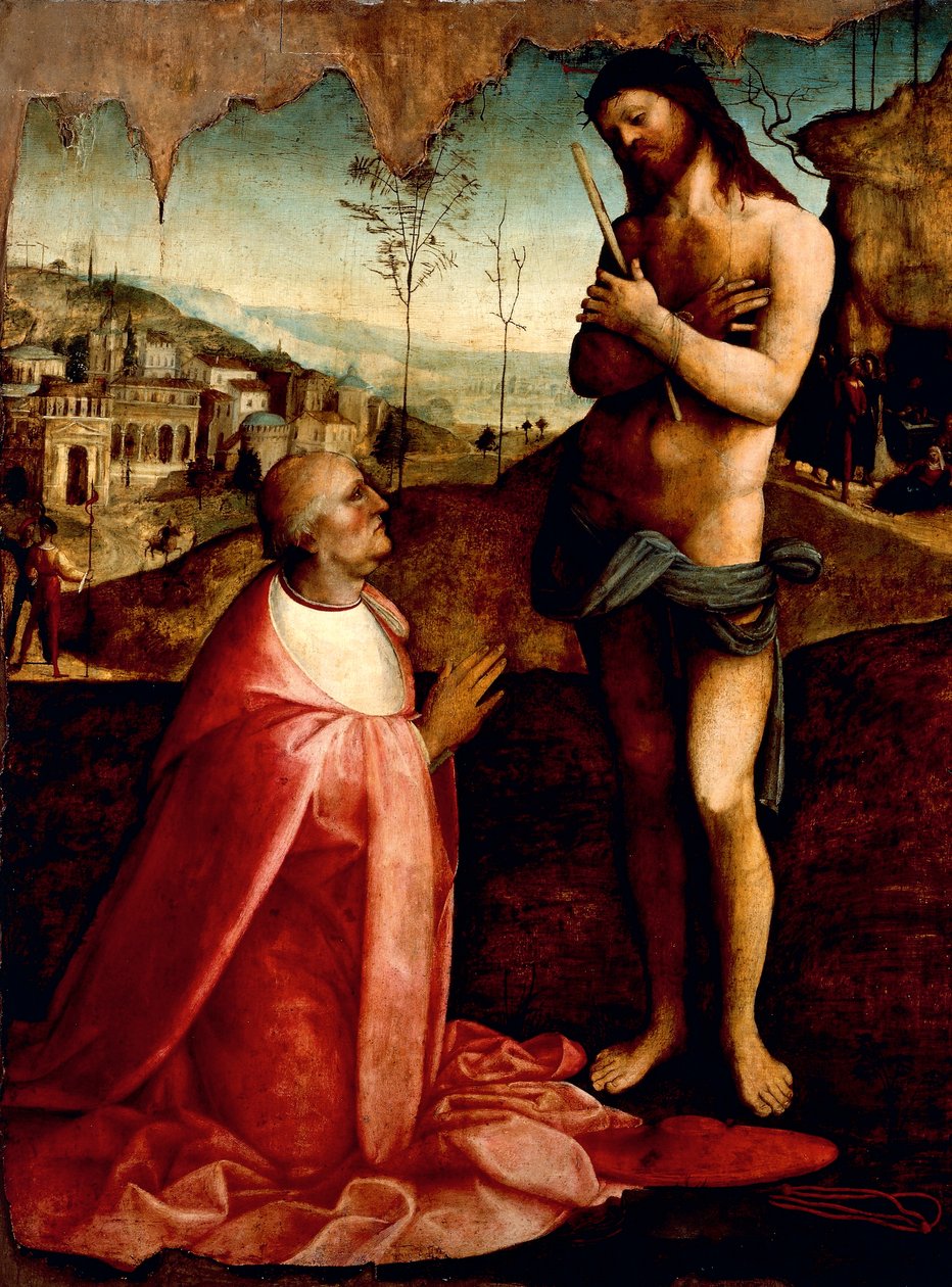 Kristuslidende og kardinal Oliviero Carafa i bønn, av Cesare da Sesto (1477-1523) av Cesare da Sesto