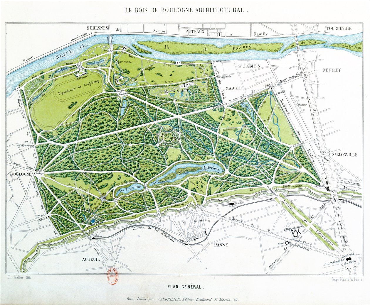 Plan over Bois de Boulogne i Paris, utgitt av Caudrilier, 1860 av Ch. Walter