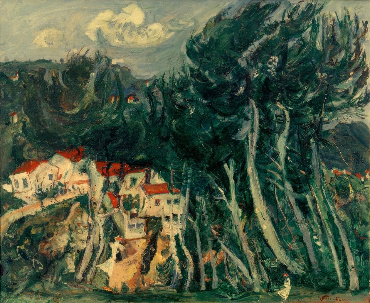 Ch. Soutine, landsby til venstre, trær til høyre av Chaim Soutine