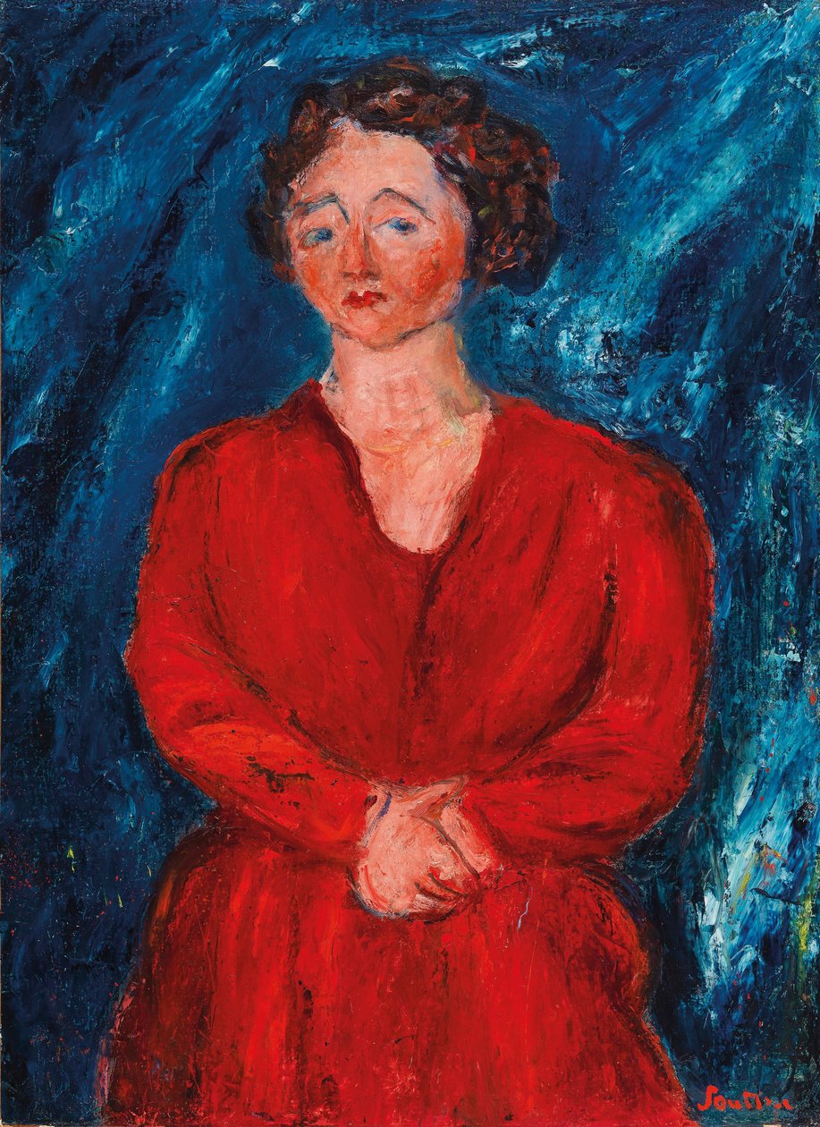 Kvinnen i rødt på blå bakgrunn, ca 1928. av Chaim Soutine
