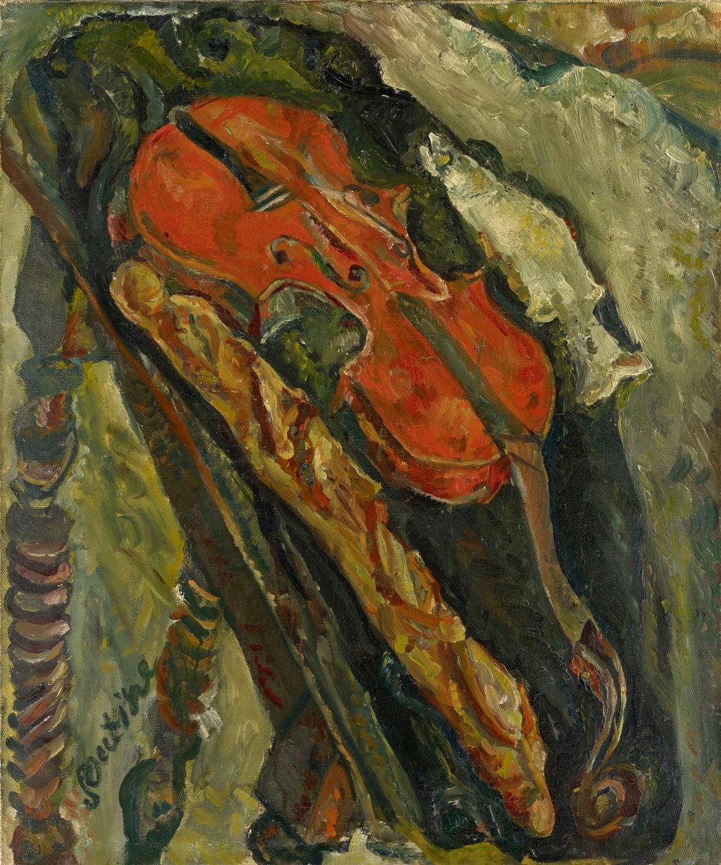 Nature morte au violon, pain et poisson Stilleben med fiolin, brød og fisk, ca. 1922. av Chaim Soutine