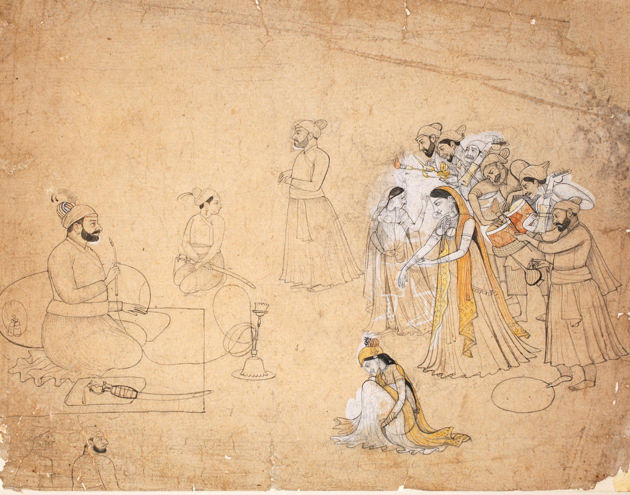 En raja underholdt av dansere og musikere, ca. 1780 (ugjennomsiktig wc på papir) av Chajju