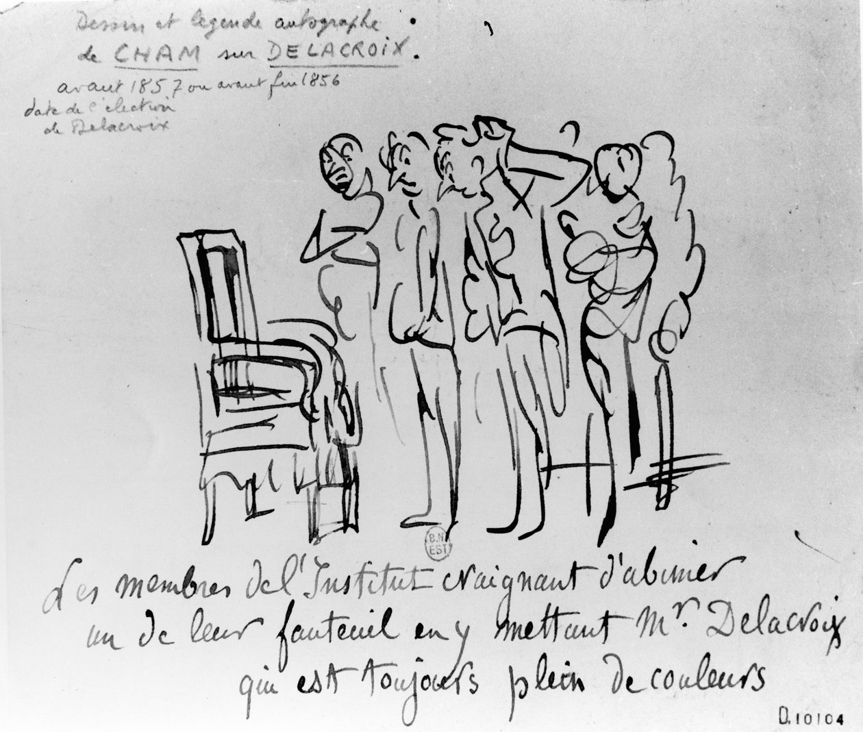 Motvilje fra medlemmene av Institut de France til å installere Delacroix på en av stolene deres av frykt for at hans kjærlighet til farger vil flekke setet, 1856-7 (penn, pensel og blekk på papir) av Cham