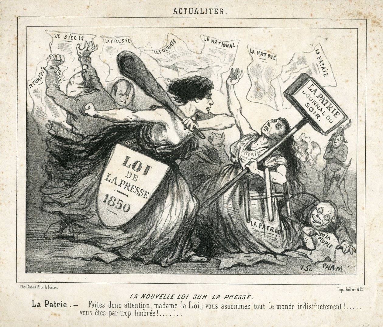 Illustrasjon av Cham (1819-1879) i Le Charivari, rundt 1850-4-3 - Den nye loven om pressen - Sensur, Presse/Media, Loi - Proudhon Pierre-Joseph (1809-1965), Girardin Emile de (1806- 1881) - Allegorie av Amédée de Noé