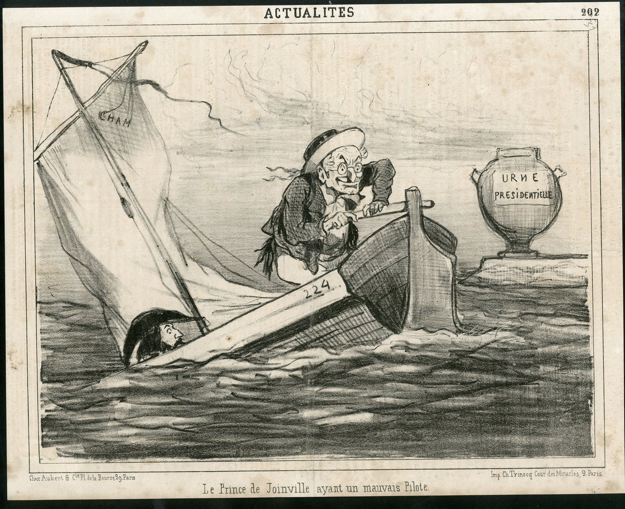 Illustrasjon av Cham (1819-1879) i Le Charivari, rundt 1850 - Prinsen av Joinville har en dårlig pilot - Valg, republikkens president, Maritime Marine Nautique Balneaire - Thiers Adolphe, Francois d'Orleans (1818-1900) Prince de Joinville - Urne av Amédée de Noé