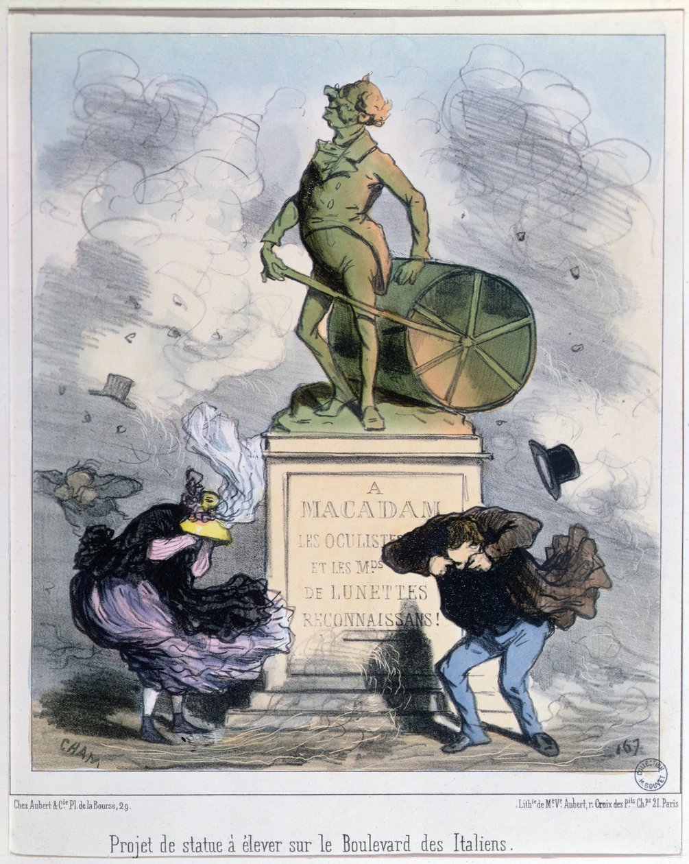 Prosjekt for å reise en statue til ære for Macadam på Boulevard des Italiens, Paris (farge litho) av Amédée de Noé